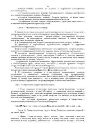 54
        расходов бюджета поселения по разделам и подразделам классификации
расходов бюджетов;
        источников финансирования дефицита бюджета поселения по кодам классификации
источников финансирования дефицита бюджетов;
        источников финансирования дефицита бюджета поселения по кодам групп,
подгрупп, статей, видов источников финансирования дефицита бюджетов;
        классификации операций сектора государственного управления, относящихся к
источникам финансирования дефицита бюджетов.

        Статья 84. Муниципальный контроль

     1. Органы местного самоуправления поселения вправе организовывать и осуществлять
муниципальный контроль по вопросам, предусмотренным федеральными законами.
     2. Совет поселения      определяет   органы местного самоуправления поселения,
уполномоченные      на осуществление муниципального контроля. В данном решении
определяются их полномочия и функции.
     3. К полномочиям органов, осуществляющих муниципальный контроль, относятся:
     1) организация и осуществление муниципального контроля на территории
муниципального образования;
     2) организация и осуществление регионального государственного контроля (надзора),
полномочиями по осуществлению которого наделены органы местного самоуправления;
     3) разработка административных регламентов осуществления муниципального
контроля в соответствующих сферах деятельности. Разработка и принятие указанных
административных регламентов осуществляются в порядке, установленном нормативными
правовыми актами Республики Татарстан;
       4) организация и проведение мониторинга эффективности муниципального контроля
в соответствующих сферах деятельности, показатели и методика проведения которого
утверждаются Правительством Российской Федерации;
     5) осуществление иных предусмотренных федеральными законами, законами и иными
нормативными правовыми актами Республики Татарстан полномочий.
     4. К отношениям, связанным с осуществлением муниципального контроля,
организацией     и   проведением     проверок   юридических    лиц,   индивидуальных
предпринимателей, применяются положения Федерального закона от 26 декабря 2008 года N
294-ФЗ "О защите прав юридических лиц и индивидуальных предпринимателей при
осуществлении государственного контроля (надзора) и муниципального контроля".

    Статья 85. Муниципальный финансовый контроль

         1. Совет поселения осуществляет следующие формы финансового контроля:
предварительный контроль - в ходе обсуждения и утверждения проектов решений о
бюджете; текущий контроль - в ходе рассмотрения отдельных вопросов исполнения бюджета
на заседаниях Совета поселения; последующий контроль в ходе рассмотрения и утверждения
отчета об исполнении бюджета.
         2. Совет поселения осуществляет финансовый контроль в соответствии с
положениями Бюджетного кодекса Российской Федерации.

    Глава 15. Принятие устава поселения. Внесение изменений в настоящий устав.

       Статья 86. Порядок подготовки проекта Устава Поселения, внесения изменений в
настоящий Устав

        1. Проект Устава поселения, проект решения Совета поселения о внесении
изменений в настоящий Устав могут вноситься в Совет поселения Главой Поселения,
депутатами Совета поселения, Руководителем Исполнительного комитета поселения,
 