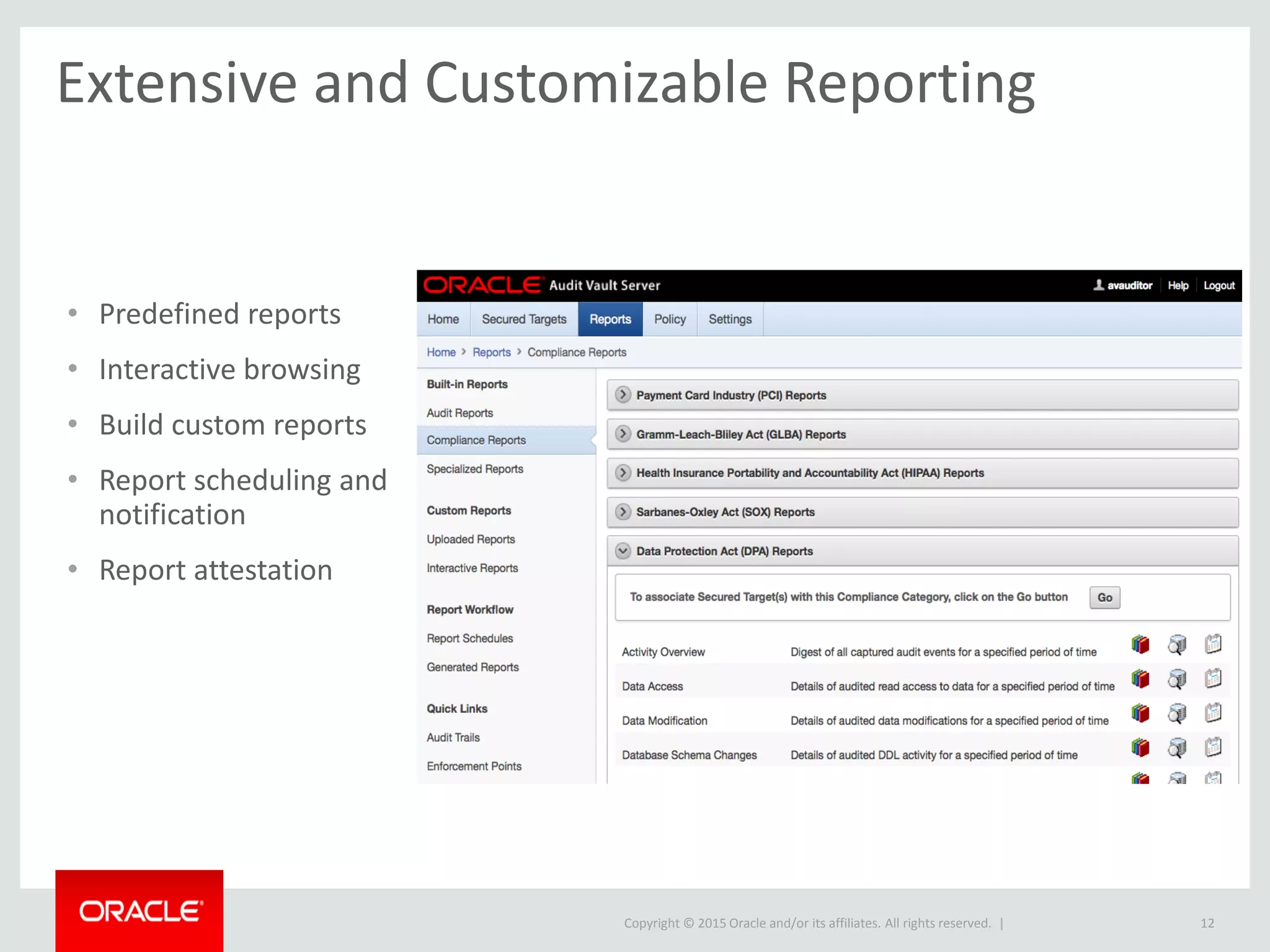 Copyright © 2015 Oracle and/or its affiliates. All rights reserved. |
• Predefined reports
• Interactive browsing
• Build custom reports
• Report scheduling and
notification
• Report attestation
12
Extensive and Customizable Reporting
 