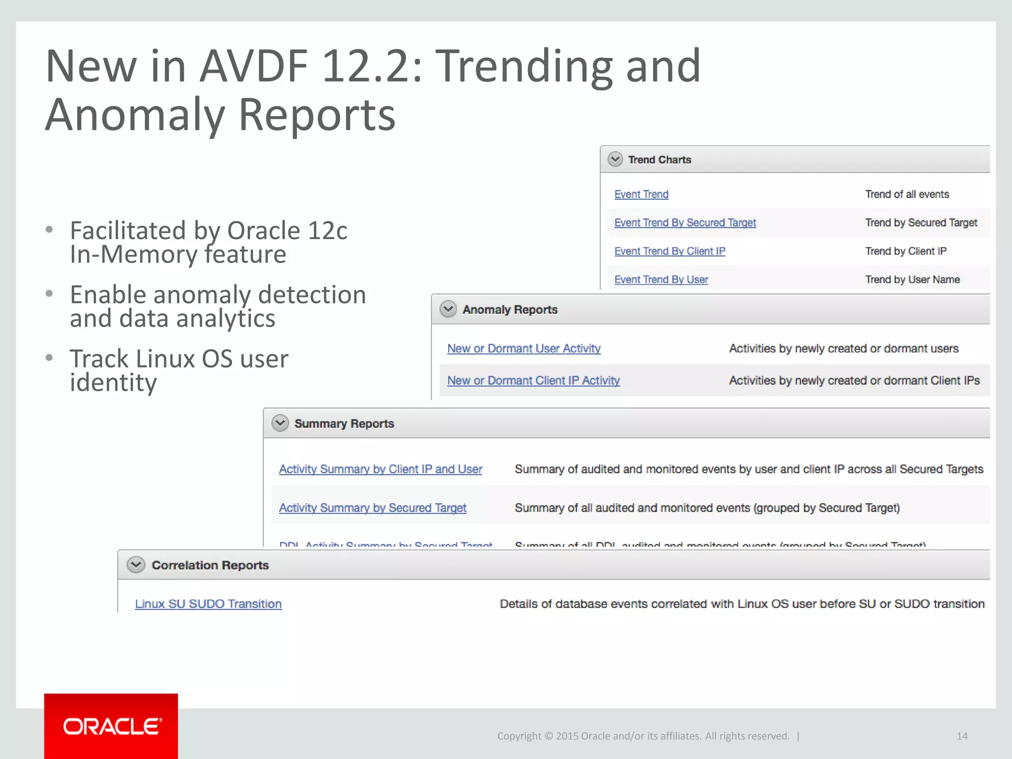 Copyright © 2015 Oracle and/or its affiliates. All rights reserved. |
New in AVDF 12.2: Trending and
Anomaly Reports
• Facilitated by Oracle 12c
In-Memory feature
• Enable anomaly detection
and data analytics
• Track Linux OS user
identity
14
 