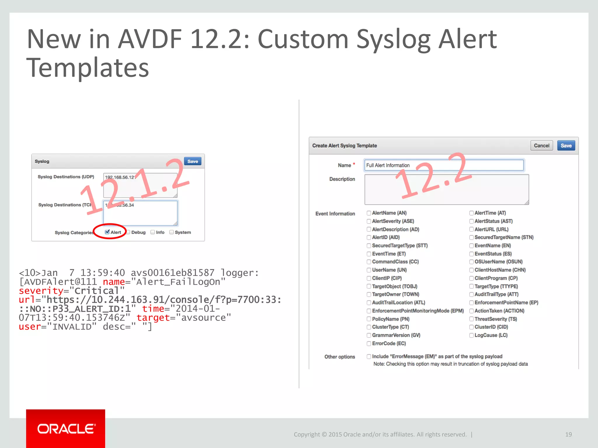 Copyright © 2015 Oracle and/or its affiliates. All rights reserved. |
<10>Jan 7 13:59:40 avs00161eb81587 logger:
[AVDFAlert@111 name="Alert_FailLogOn"
severity="Critical"
url="https://10.244.163.91/console/f?p=7700:33:
::NO::P33_ALERT_ID:1" time="2014-01-
07T13:59:40.153746Z" target="avsource"
user="INVALID" desc=" "]
19
New in AVDF 12.2: Custom Syslog Alert
Templates
 