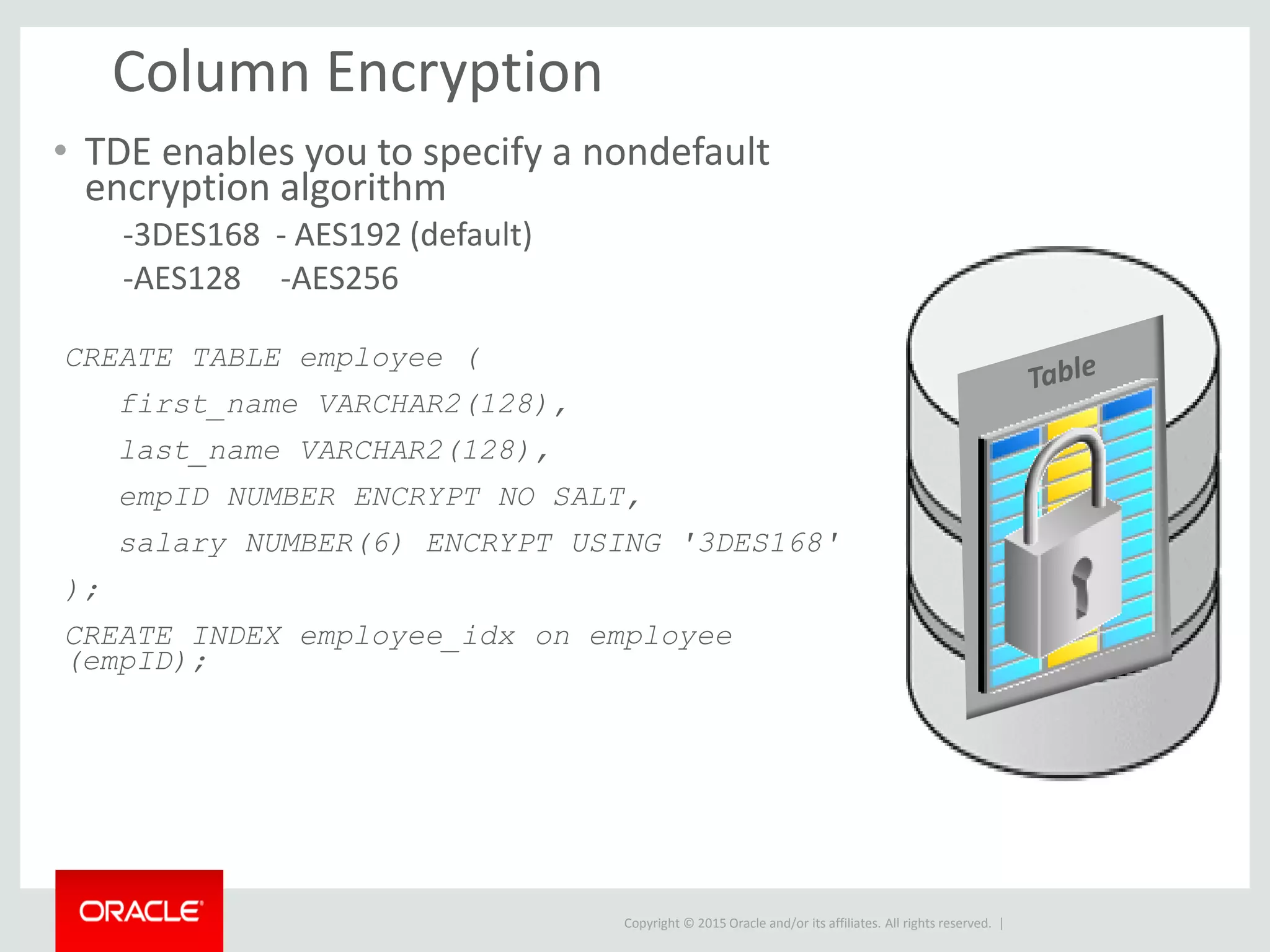 Copyright © 2015 Oracle and/or its affiliates. All rights reserved. |
Column Encryption
• TDE enables you to specify a nondefault
encryption algorithm
-3DES168 - AES192 (default)
-AES128 -AES256
CREATE TABLE employee (
first_name VARCHAR2(128),
last_name VARCHAR2(128),
empID NUMBER ENCRYPT NO SALT,
salary NUMBER(6) ENCRYPT USING '3DES168'
);
CREATE INDEX employee_idx on employee
(empID);
 