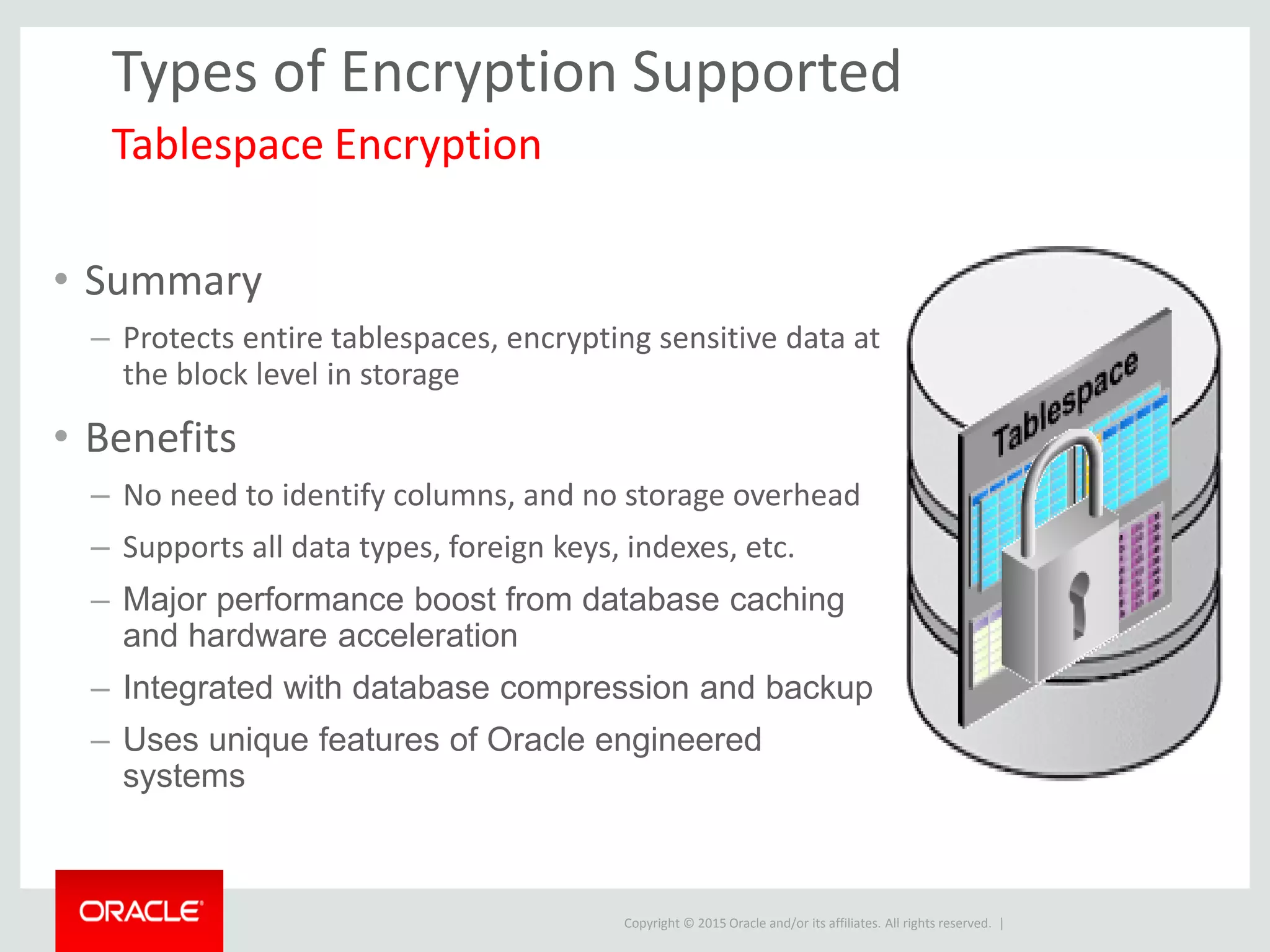 Copyright © 2015 Oracle and/or its affiliates. All rights reserved. |
Types of Encryption Supported
• Summary
– Protects entire tablespaces, encrypting sensitive data at
the block level in storage
• Benefits
– No need to identify columns, and no storage overhead
– Supports all data types, foreign keys, indexes, etc.
– Major performance boost from database caching
and hardware acceleration
– Integrated with database compression and backup
– Uses unique features of Oracle engineered
systems
Tablespace Encryption
 