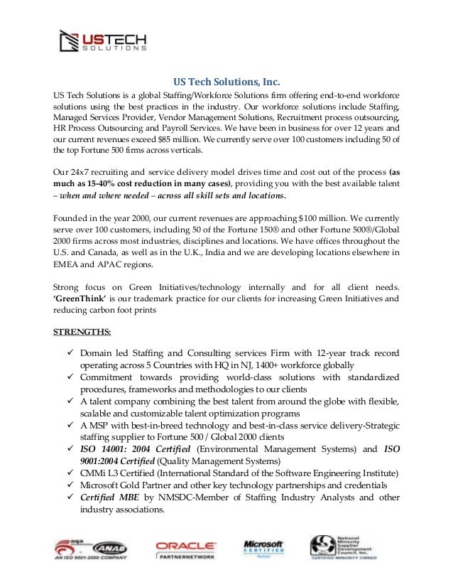 US Tech Solutions Inc Line Card Of Services 2013