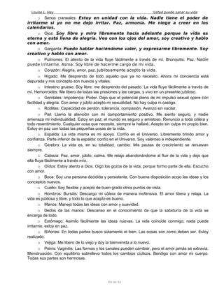 Louise L. Hay Usted puede sanar su vida
o Senos craneales: Estoy en unidad con la vida. Nadie tiene el poder de
irritarme si yo no me dejo irritar. Paz, armonía. Me niego a creer en los
calendarios.
o Ojos: Soy libre y miro libremente hacia adelante porque la vida es
eterna y está llena de alegría. Veo con los ojos del amor, soy creativo y hablo
con amor.
o Garganta: Puedo hablar haciéndome valer, y expresarme libremente. Soy
creativo y hablo con amor.
o Pulmones: El aliento de la vida fluye fácilmente a través de mí. Bronquitis: Paz. Nadie
puede irritarme. Asma: Soy libre de hacerme cargo de mi vida.
o Corazón: Alegría, amor, paz. Jubilosamente acepto la vida.
o Hígado: Me desprendo de todo aquello que ya no necesito. Ahora mi conciencia está
depurada y mis concepto son nuevos y vitales.
o Intestino grueso: Soy libre: me desprendo del pasado. La vida fluye fácilmente a través de
mí. Hemorroides: Me libero de todas las presiones y las cargas, y vivo en un presente jubiloso.
o Genitales: Impotencia: Poder. Dejo que el potencial pleno de mi impulso sexual opere con
facilidad y alegría. Con amor y júbilo acepto mi sexualidad. No hay culpa ni castigo.
o Rodillas: Capacidad de perdón, tolerancia, compasión. Avanzo sin vacilar.
o Piel: Llamo la atención con mi comportamiento positivo. Me siento seguro, y nadie
amenaza mi individualidad. Estoy en paz; el mundo es seguro y amistoso. Renuncio a toda cólera y
todo resentimiento. Cualquier cosa que necesite, siempre la hallaré. Acepto sin culpa mi propio bien.
Estoy en paz con todas las pequeñas cosas de la vida.
o Espalda: La vida misma es mi apoyo. Confío en el Universo. Libremente brindo amor y
confianza. Parte inferior de la espalda: confío en el Universo. Soy valeroso e independiente.
o Cerebro: La vida es, en su totalidad, cambio. Mis pautas de crecimiento se renuevan
siempre.
o Cabeza: Paz, amor, júbilo, calma. Me relajo abandonándome al fluir de la vida y dejo que
ella fluya fácilmente a través mío.
o Oídos: Estoy atento a Dios. Oigo los gozos de la vida, porque formo parte de ella. Escucho
con amor.
o Boca: Soy una persona decidida y persistente. Con buena disposición acojo las ideas y los
conceptos nuevos.
o Cuello: Soy flexible y acepto de buen grado otros puntos de vista.
o Hombros: Bursitis: Descargo mi cólera de manera inofensiva. El amor libera y relaja. La
vida es jubilosa y libre, y todo lo que acepto es bueno.
o Manos: Manejo todas las ideas con amor y suavidad.
o Dedos de las manos: Descanso en el conocimiento de que la sabiduría de la vida se
encarga de todo.
o Estómago: Asimilo fácilmente las ideas nuevas. La vida coincide conmigo; nada puede
irritarme, estoy en paz.
o Riñones: En todas partes busco solamente el bien. Las cosas son como deben ser. Estoy
realizado.
o Vejiga: Me libero de lo viejo y doy la bienvenida a lo nuevo.
o Pelvis: Vaginitis: Las formas y los canales pueden cambiar, pero el amor jamás se extravía.
Menstruación: Con equilibrio sobrellevo todos los cambios cíclicos. Bendigo con amor mi cuerpo.
Todas sus partes son hermosas.
84 de 92
 