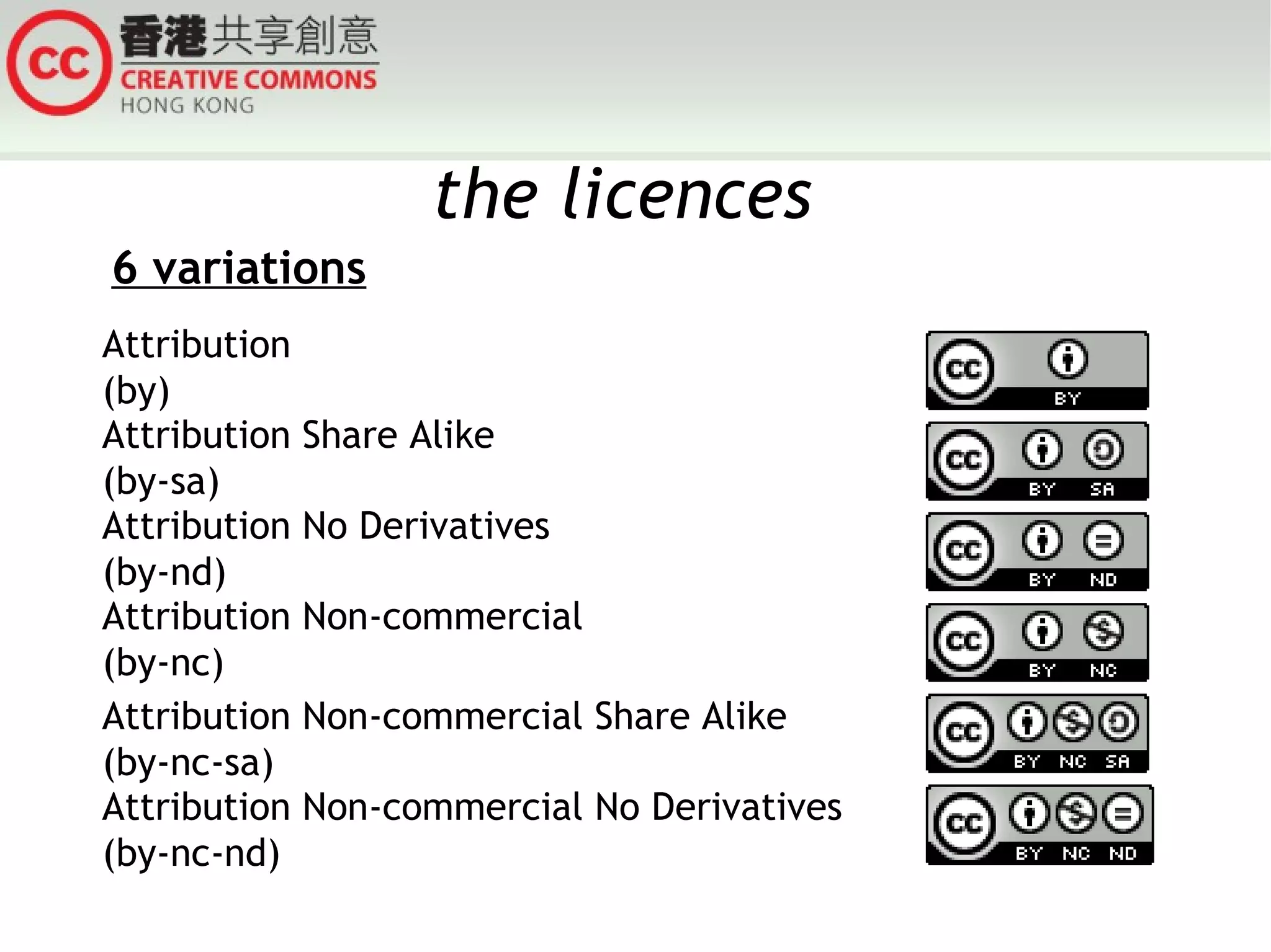 the licences Attribution Non-commercial No Derivatives (by-nc-nd) Attribution Non-commercial Share Alike  (by-nc-sa) Attribution Non-commercial  (by-nc) Attribution No Derivatives  (by-nd) Attribution Share Alike (by-sa) Attribution (by) 6 variations 