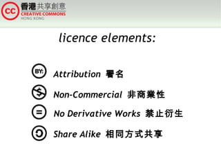 licence elements: Attribution  署名   Non-Commercial  非商業性   No Derivative Works  禁止衍生   Share Alike  相同方式共享 