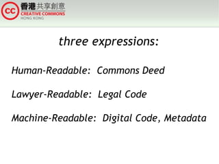 three expressions: Human-Readable:  Commons Deed Lawyer-Readable:  Legal Code Machine-Readable:  Digital Code, Metadata 