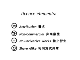 licence elements: Attribution  署名   Non-Commercial  非商業性   No Derivative Works  禁止衍生   Share Alike  相同方式共享 