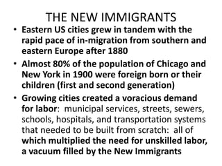 THE NEW IMMIGRANTSEastern US cities grew in tandem with the rapid pace of in-migration from southern and eastern Europe after 1880Almost 80% of the population of Chicago and New York in 1900 were foreign born or their children (first and second generation)Growing cities created a voracious demand for labor:  municipal services, streets, sewers, schools, hospitals, and transportation systems that needed to be built from scratch:  all of which multiplied the need for unskilled labor, a vacuum filled by the New Immigrants