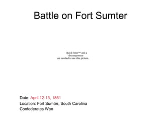 Battle on Fort Sumter
Date: April 12-13, 1861
Location: Fort Sumter, South Carolina
Confederates Won
QuickTime™ and a
decompressor
are needed to see this picture.
 