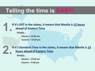If it’s DST in the states, it means that Manila is  12 hours  ahead of Eastern Time Simply… Manila = 10:30 am Eastern = 10:30 pm If it’s Standard Time in the states, it means that Manila is  13 hours ahead of Eastern Time Simply… Manila = 10:30 am Eastern = 9:30 pm Telling the time is  EASY! 1. 2. 