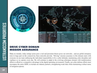 USTRANSCOM
PRIORITIES
DRIVE CYBER DOMAIN
MISSION ASSURANCE
Make no mistake, today malign actors pose a real and persistent threat across our networks…and our global enterprise
rests in large part on the connectivity these networks provide. “Driving” mission assurance in this domain starts with
everyone on our team embracing the individual responsibility to be a cyber defender, maintaining cyber discipline and
vigilance as we operate every day. We will continue to adapt to the evolving cyberspace domain with modernization
efforts to afford us a competitive advantage in the digital operating environment. Finally, our cyber defense efforts must
encompass the entire JDDE, to include our industry partners, strengthening weak links while maintaining a robust menu
of mitigation options.
09
 