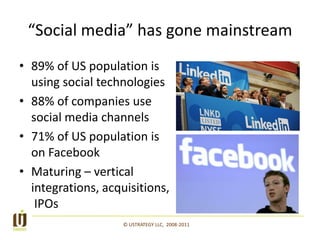 “Social media” has gone mainstream<br />89% of US population is using social technologies<br />88% of companies use social...