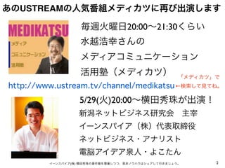 あのUSTREAMの人気番組メディカツに再び出演します

                   毎週火曜日20:00∼21:30くらい
                   水越浩幸さんの
                   メディアコミュニ...