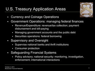 October 2, 2015
Blockchain Financial Networks
U.S. Treasury Application Areas
9
 Currency and Coinage Operations
 Government Operations: managing federal finances
 Revenue/Expenditure: revenue/tax collection; payment
disbursement and bill-paying
 Managing government accounts and the public debt
 Securities operations: federal borrowing
 Supervisory and Oversight
 Supervise national banks and thrift institutions
 Consumer protection
 Safeguarding Financial Systems
 Policy advisory; national security: monitoring, investigation,
enforcement; international interactions
 