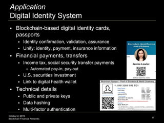 October 2, 2015
Blockchain Financial Networks
Application
Digital Identity System
 Blockchain-based digital identity card...