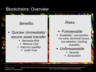 October 2, 2015
Blockchain Financial Networks
Blockchains: Overview
18
Benefits:
 Quicker (immediate)
secure asset transfer
 Decrease Risk
 Reduce Cost
 Improve Liquidity
 Instill Trust
Risks:
 Foreseeable
 Scalability1, monopolies,
too early, technical issues,
low adoption, hacking
scandals
 Unforeseeable
 Security
 Ecosystem
1Particularly scalable independent consensus protocols; http://www.amazon.com/Bitcoin-Blueprint-New-World-Currency/dp/1491920491
http://www.slideshare.net/lablogga/blockchain-consensus-protocols
 