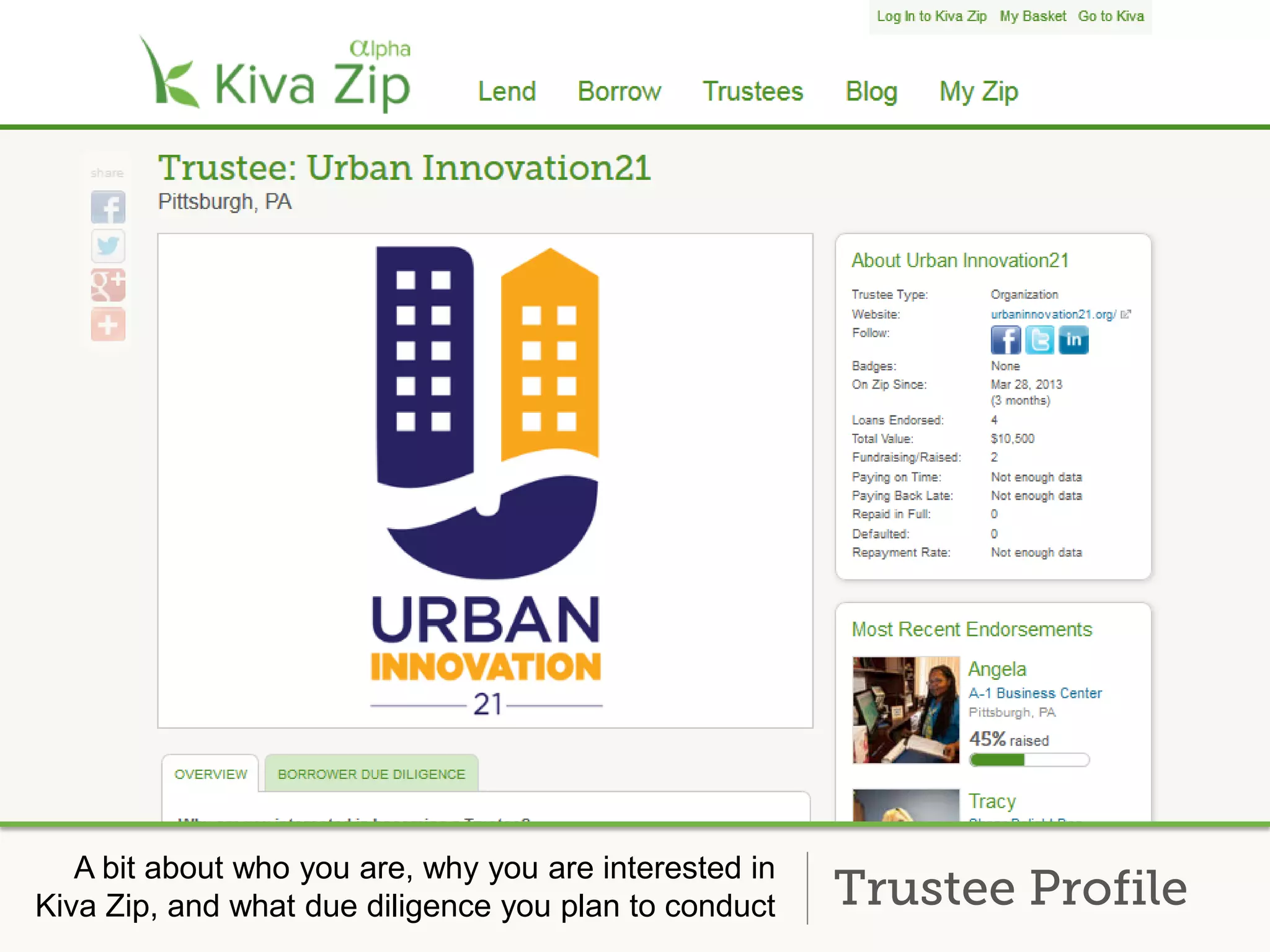 A bit about who you are, why you are interested in
Kiva Zip, and what due diligence you plan to conduct Trustee Profile
 