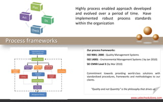 Highly process enabled approach developed
                     and evolved over a period of time. Have
                     implemented robust process standards
                     within the organization



Process frameworks
                           Our process frameworks:
                           ISO 9001: 2000 - Quality Management Systems
                           ISO 14001 - Environmental Management Systems ( by Jan 2010)
                           SEI CMMi Level 3 (by Mar 2010)


                           Commitment towards providing world-class solutions with
                           standardized procedures, frameworks and methodologies to our
                           clients.


                              “Quality and not Quantity” is the philosophy that drives us.


                                                                  www.ustechsolutions.com
 