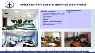 Institut d'économie, gestion et technologie de l'Information
11
Dans cet institut, nous avons soutenu le programme présidentiel régional Komi de préparation du personnel administratif et de gestion
Bachelor programs:
• Computer Science and Engineering;
• Systèmes d'information et des
Technologies ;
• Economie;
• Gestion
• Publicité et relations publiques;;
• Etudes de document et Archives;
• Education physique.
Programme Master:
• Gestion.
 