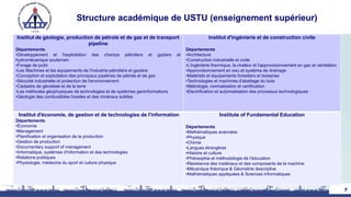 Structure académique de USTU (enseignement supérieur)
7
Institut de géologie, production de pétrole et de gaz et de transport
pipeline
Départements
•Développement et l'exploitation des champs pétroliers et gaziers et
hydromécanique souterrain
•Forage de puits
•Les Machines et les équipements de l'industrie pétrolière et gazière
•Conception et exploitation des principaux pipelines de pétrole et de gaz
•Sécurité industrielle et protection de l'environnement
•Cadastre de géodésie et de la terre
•Les méthodes géophysiques de technologies et de systèmes geoinformations
•Géologie des combustibles fossiles et des minéraux solides
Institut d'ingénierie et de construction civile
Départements
•Architecture
•Construction industrielle et civile
•L'ingénierie thermique, la chaleur et l'approvisionnement en gaz et ventilation
•Approvisionnement en eau et système de drainage
•Matériels et équipements forestiers et boiseries
•Technologies et machines d'abattage du bois
•Métrologie, normalisation et certification
•Electrification et automatisation des processus technologiques
Institut d'économie, de gestion et de technologies de l'information
Départements
•Économie
•Management
•Planification et organisation de la production
•Gestion de production
•Documentary support of management
•Informatique, systèmes d'information et des technologies
•Relations publiques
•Physiologie, médecine du sport et culture physique
Institute of Fundamental Education
Départements
•Mathématiques avancées
•Physique
•Chimie
•Langues étrangères
•Histoire et culture
•Philosophie et méthodologie de l'éducation
•Résistance des matériaux et des composants de la machine
•Mécanique théorique & Géométrie descriptive
•Mathématiques appliquées & Sciences informatiques
 