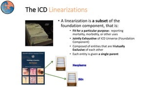 The ICD Linearizations
• A linearization is a subset of the
foundation component, that is:
• Fit for a particular purpose: reporting
mortality, morbidity, or other uses
• Jointly Exhaustive of ICD Universe (Foundation
Component)
• Composed of entities that are Mutually
Exclusive of each other
• Each entity is given a single parent
 