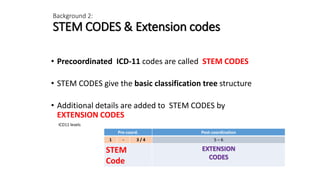 Background 2:
STEM CODES & Extension codes
• Precoordinated ICD-11 codes are called STEM CODES
• STEM CODES give the basic classification tree structure
• Additional details are added to STEM CODES by
EXTENSION CODES
Pre-coord. Post-coordination
1 - 3 / 4 5 – 6
STEM
Code
EXTENSION
CODES
ICD11 levels
 