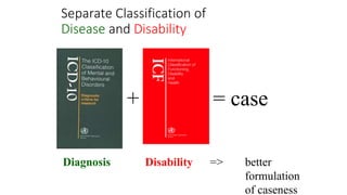Separate Classification of
Disease and Disability
+ = case
Diagnosis Disability => better
formulation
of caseness
 