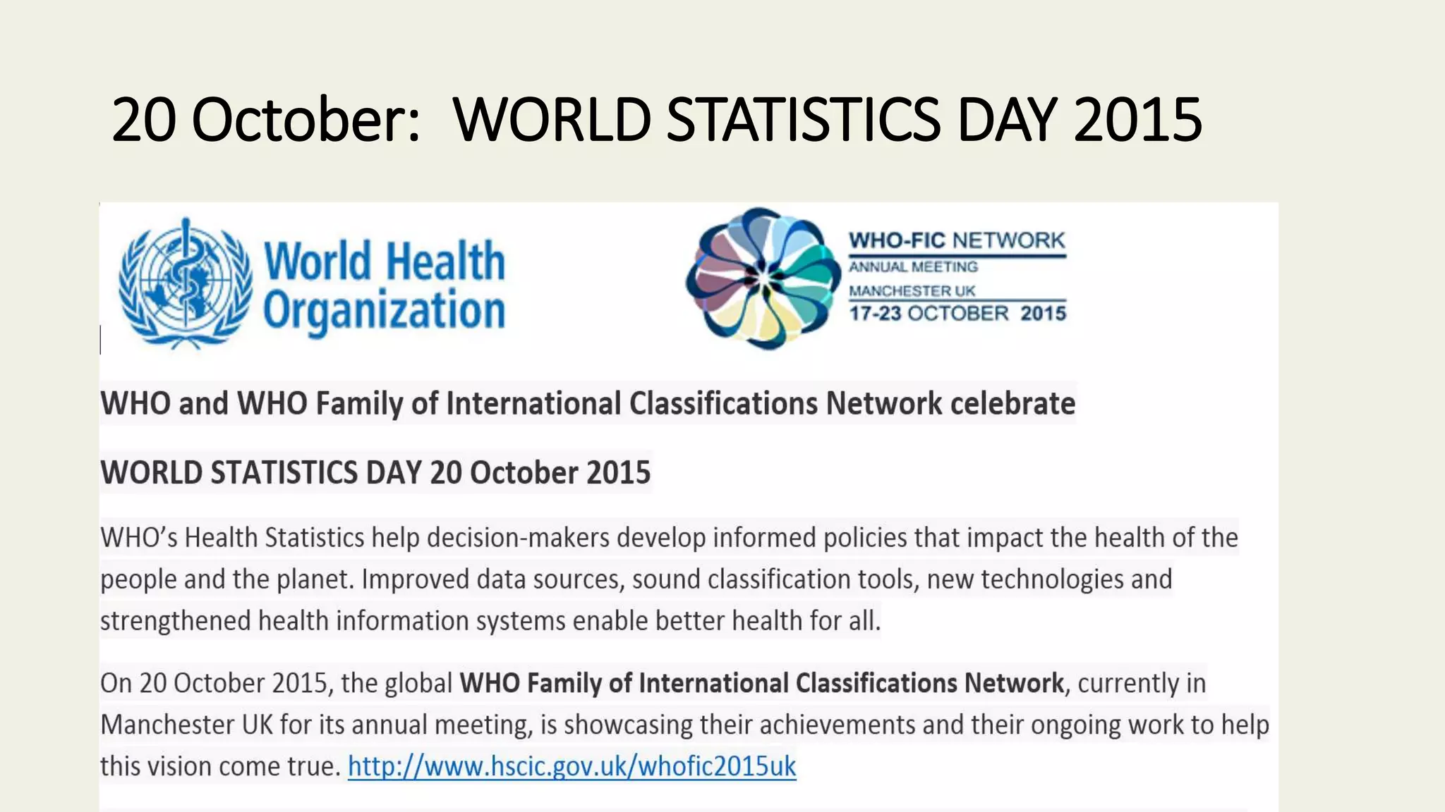 20 October: WORLD STATISTICS DAY 2015
 