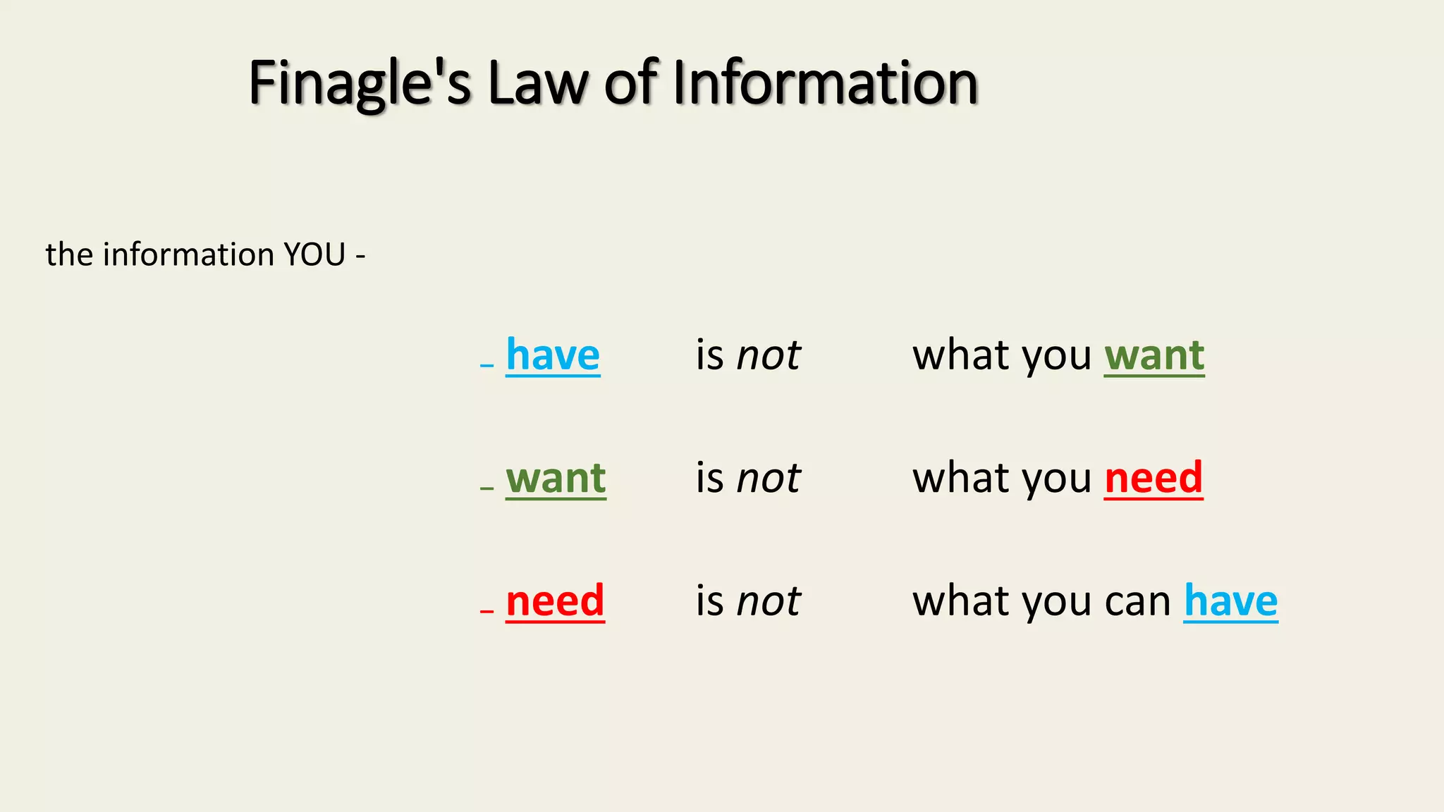 the information YOU -
₋ have is not what you want
₋ want is not what you need
₋ need is not what you can have
Finagle's Law of Information
 