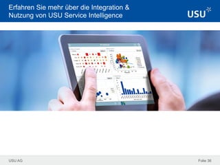 USU AG Folie 36
Erfahren Sie mehr über die Integration &
Nutzung von USU Service Intelligence
• Dimensionen und Kennzahlen für diverse ITIL®-Prozesse
• Architekturübersicht
• Komponentenübersicht
• Unterstützte Endgeräte
 