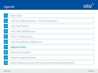 USU AG
1
2
3
4
5
6
7
8
9
10
Folie 43
Agenda
Über USU
USU KnowledgeCenter – Neue Funktionen
USU Big Picture
USU Web Self-Service
USU IT Self-Service
USU Knowledge Intelligence
Delivery-Arten
Service-Connector
Projektvorgehensweise
Ziele & Nutzen bei der Einführung einer Wissensdatenbank
 