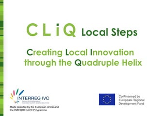 Co-Financed by
European Regional
Development Fund
Made possible by the European Union and
the INTERREG IVC Programme
Creating Local Innovation
through the Quadruple Helix
Local Steps
 