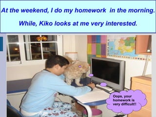 At the weekend, I do my homework  in the morning. While, Kiko looks at me very interested. Oops, your homework is very difficult!! 