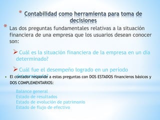 *
* Las dos preguntas fundamentales relativas a la situación
financiera de una empresa que los usuarios desean conocer
son:
Cuál es la situación financiera de la empresa en un día
determinado?
Cuál fue el desempeño logrado en un período
determinado?• El contador responde a estas preguntas con DOS ESTADOS financieros básicos y
DOS COMPLEMENTARIOS:
Balance general
Estado de resultados
Estado de evolución de patrimonio
Estado de flujo de efectivo
 