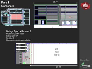 Fase 1
Manzana 3
Bodega Tipo 1 – Manzana 3
Mezzanine: 300 m², 2 pisos
Bodega: 2530 m²
Cantidad: 6
Módulos disponibles para ampliación
Sabemos Cómo
89,39
28,30
 