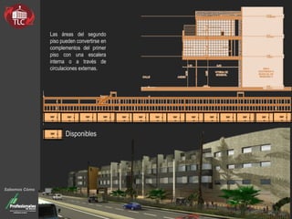 Sabemos Cómo
Las áreas del segundo
piso pueden convertirse en
complementos del primer
piso con una escalera
interna o a través de
circulaciones externas.
Disponibles
 