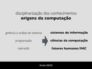 gerência e análise de sistemas
programação
operação
sistemas de informação 
ciências da computação
fatores humanos/IHC
disciplinarização dos conhecimentos  
origens da computação
Grudin (2012)
 