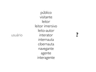 público
visitante
leitor
leitor imersivo
leito-autor
interator
internauta
cibernauta
navegante
agente
interagente
usuário ?
 