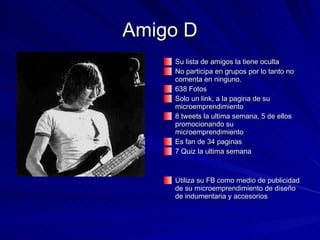 Amigo D Su lista de amigos la tiene oculta No participa en grupos por lo tanto no comenta en ninguno. 638 Fotos Solo un link, a la pagina de su microemprendimiento 8 tweets la ultima semana, 5 de ellos promocionando su microemprendimiento Es fan de 34 paginas 7 Quiz la ultima semana Utiliza su FB como medio de publicidad de su microemprendimiento de diseño de indumentaria y accesorios 