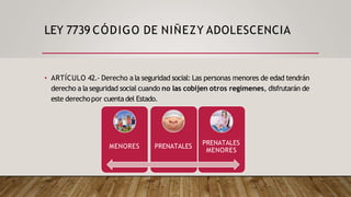 LEY 7739 CÓDIGO DE NIÑEZY ADOLESCENCIA
• ARTÍCULO 42.- Derecho a la seguridad social: Las personas menores de edad tendrán
derecho a la seguridad social cuando no las cobijen otros regímenes, disfrutarán de
este derechopor cuentadel Estado.
MENORES PRENATALES
PRENATALES
MENORES
 