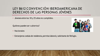 LEY 8612 CONVENCIÓN IBEROAMERICANA DE
DERECHOS DE LAS PERSONAS JÓVENES
• Jóvenesentre los 18 y 25 años no cumplidos.
Quiénes pueden ser cubiertos?
• Nacionales
• Extranjeros:cedula de residencia,permiso laboral y solicitante de Refugio.
 