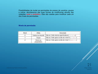 Possibilidades de mudar as permissões de acesso de usuários, grupos
e outros. abordaremos das duas formas de modificá-las através das
notações octal e simbólica. Elas são usadas para modificar cada um
dos níveis de permissões.
Níveis de permissão:
Engº Adão
Garcia
Instituto de Telecomunicações
21
 