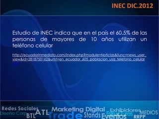 INEC DIC.2012

Estudio de INEC indica que en el país el 60.5% de las
personas de mayores de 10 años utilizan un
teléfono celular
http://ecuadorinmediato.com/index.php?module=Noticias&func=news_user_
view&id=2818750162&umt=en_ecuador_605_poblacion_usa_telefono_celular
Link

 
