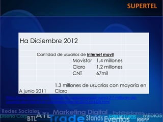 SUPERTEL

Ha Diciembre 2012
Cantidad de usuarios de internet movil

Movistar 1.4 millones
Claro
1.2 millones
CNT
67mil

A junio 2011

1.3 millones de usuarios con mayoría en
Claro

http://www.hoy.com.ec/noticias-ecuador/ecuador-suma-2-7-millones-deusuarios-de-internet-en-celulares-durante-2012-564428.html

 