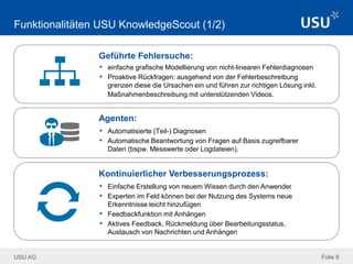 USU AG Folie 8
Funktionalitäten USU KnowledgeScout (1/2)
Geführte Fehlersuche:
• einfache grafische Modellierung von nicht-linearen Fehlerdiagnosen
• Proaktive Rückfragen: ausgehend von der Fehlerbeschreibung
grenzen diese die Ursachen ein und führen zur richtigen Lösung inkl.
Maßnahmenbeschreibung mit unterstützenden Videos.
Agenten:
• Automatisierte (Teil-) Diagnosen
• Automatische Beantwortung von Fragen auf Basis zugreifbarer
Daten (bspw. Messwerte oder Logdateien).
Kontinuierlicher Verbesserungsprozess:
• Einfache Erstellung von neuem Wissen durch den Anwender
• Experten im Feld können bei der Nutzung des Systems neue
Erkenntnisse leicht hinzufügen
• Feedbackfunktion mit Anhängen
• Aktives Feedback, Rückmeldung über Bearbeitungsstatus,
Austausch von Nachrichten und Anhängen
 