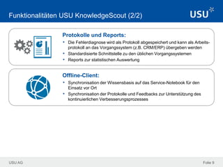 USU AG Folie 9
Funktionalitäten USU KnowledgeScout (2/2)
Protokolle und Reports:
• Die Fehlerdiagnose wird als Protokoll abgespeichert und kann als Arbeits-
protokoll an das Vorgangssystem (z.B. CRM/ERP) übergeben werden
• Standardisierte Schnittstelle zu den üblichen Vorgangssystemen
• Reports zur statistischen Auswertung
Offline-Client:
• Synchronisation der Wissensbasis auf das Service-Notebook für den
Einsatz vor Ort
• Synchronisation der Protokolle und Feedbacks zur Unterstützung des
kontinuierlichen Verbesserungsprozesses
 
