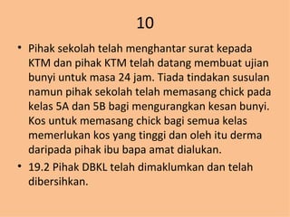 10 Pihak sekolah telah menghantar surat kepada KTM dan pihak KTM telah datang membuat ujian bunyi untuk masa 24 jam. Tiada tindakan susulan namun pihak sekolah telah memasang chick pada kelas 5A dan 5B bagi mengurangkan kesan bunyi. Kos untuk memasang chick bagi semua kelas memerlukan kos yang tinggi dan oleh itu derma daripada pihak ibu bapa amat dialukan. 19.2 Pihak DBKL telah dimaklumkan dan telah dibersihkan. 