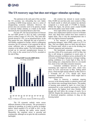 QNB Economics
                                                                                                                   economics@qnb.com.qa



The US recovery sags but does not trigger stimulus spending

         The optimism in the early part of the year that                                   Job creation has slowed in recent months.
the US economy was rebounding has now faded,                                      Only 69,000 net non-farm jobs were created in May,
according to QNB Group analysis, due to a series of                               the fourth month in which job creation has declined,
disappointing economic indicators. However, the                                   compared to a recent peak of 275,000 in January.
picture does not currently seem to be gloomy enough                               Within this figure, the private sector created 82,000
to motivate further stimulus as evident in the latest                             jobs but the public sector shed 13,000.
decisions by the US Federal Reserve (the Fed).                                             Over eight million net jobs were shed in 2008-
         On June 20th, the Fed revised down its forecast                          10 but, since employment started to recover in October
for real GDP growth in 2012 by half a percentage                                  2010, only about three million have been created to
point to within a range of 1.9%-2.4%. This came after                             replace them. This is why the unemployment rate is
growth slowed to 1.9%, on an annualised basis, in the                             still very high by historical standards.
first quarter the year. Although this rate of growth is                                    A key measure of corporate activity, the
still healthy compared to Europe, which is undergoing                             purchasing managers’ index (PMI), came in at 53.5 in
recession, the US economy is not expected be able to                              May. This was slightly down on April, but still above
create sufficient jobs to substantially improve the                               the 50-point mark, which is seen as the dividing line
situation in the labour market. The Fed simultaneously                            between expansion and contraction.
revised up its year-end unemployment forecast to                                           The benchmark consumer confidence index
8.1%, close to the current level of 8.2%, recorded at                             was also a little off its recent peak, at 64.9 in May, but
the end of May.                                                                   this is still strong in comparison to recent years. A
                                                                                  different consumer confidence survey, produced by the
            US Real GDP Growth (2009-2012)                                        University of Michigan, had given a stronger reading,
                            (% change, annualised)                                putting confidence at a 5-year high in May, but its
                            3.9
                                                                                  June reading saw a sharp decline down to a six-month
                      3.8         3.8                                             low, more in line with other consumer measures.
                                                                                           Consumer confidence however is not yet
                                                                      3.0         translating into improved retail sales, which were
                                                                                  down by 0.2% year-on-year in May. Falling petrol
                                        2.5
                                              2.3                                 prices, which brought annual inflation in May down to
                                                                            1.9   a 16-month low of 1.7%, should now boost
                                                                1.8
                1.7                                                               consumers’ disposable incomes which might lead to
                                                          1.3                     improved retail sales.
                                                                                           There is, however, a moderate ongoing
                                                                                  recovery in the housing market, as attractive prices and
                                                    0.4
                                                                                  low interest rates encourage home buyers. The number
                                                                                  of housing starts peaked in April, at a level that if
                                                                                  maintained for a year would be equivalent to 744,000
                                                                                  new houses, the highest level since October 2008,
         -0.7                                                                     though still well below the average of nearly 2m in
  -6.7                                                                            2005-06. Despite this moderate recovery, an overhang
  Q1 Q2 Q3 Q4 Q1 Q2 Q3 Q4 Q1 Q2 Q3 Q4 Q1                                          of foreclosed properties continues to drag on the
  09          10          11          12                                          housing market
Source: US Bureau of Economic Analysis & QNB Group analysis

         The US economic outlook varies across
different elements of the economy. The government is
reducing its spending, as it seeks to narrow its budget
deficit, which reached 8.7% of GDP in 2011. In the
process it is reducing the public sector payroll.
Meanwhile, the corporate sector is growing and
creating jobs, although not at quite the rate economists
had hoped.

                                                                                                                                          1
 