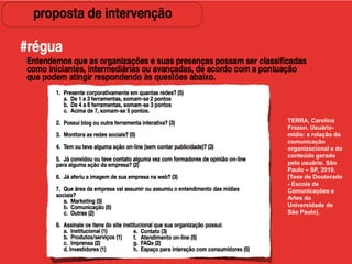 TERRA, Carolina
Frazon. Usuário-
mídia: a relação da
comunicação
organizacional e do
conteúdo gerado
pelo usuário. São
Paulo – SP, 2010.
[Tese de Doutorado
- Escola de
Comunicações e
Artes da
Universidade de
São Paulo].
 
